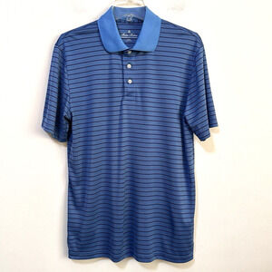 Brooks Brothers Mens Short Sleeve Golf Polo L Blue Performance Stripes Bull Logo